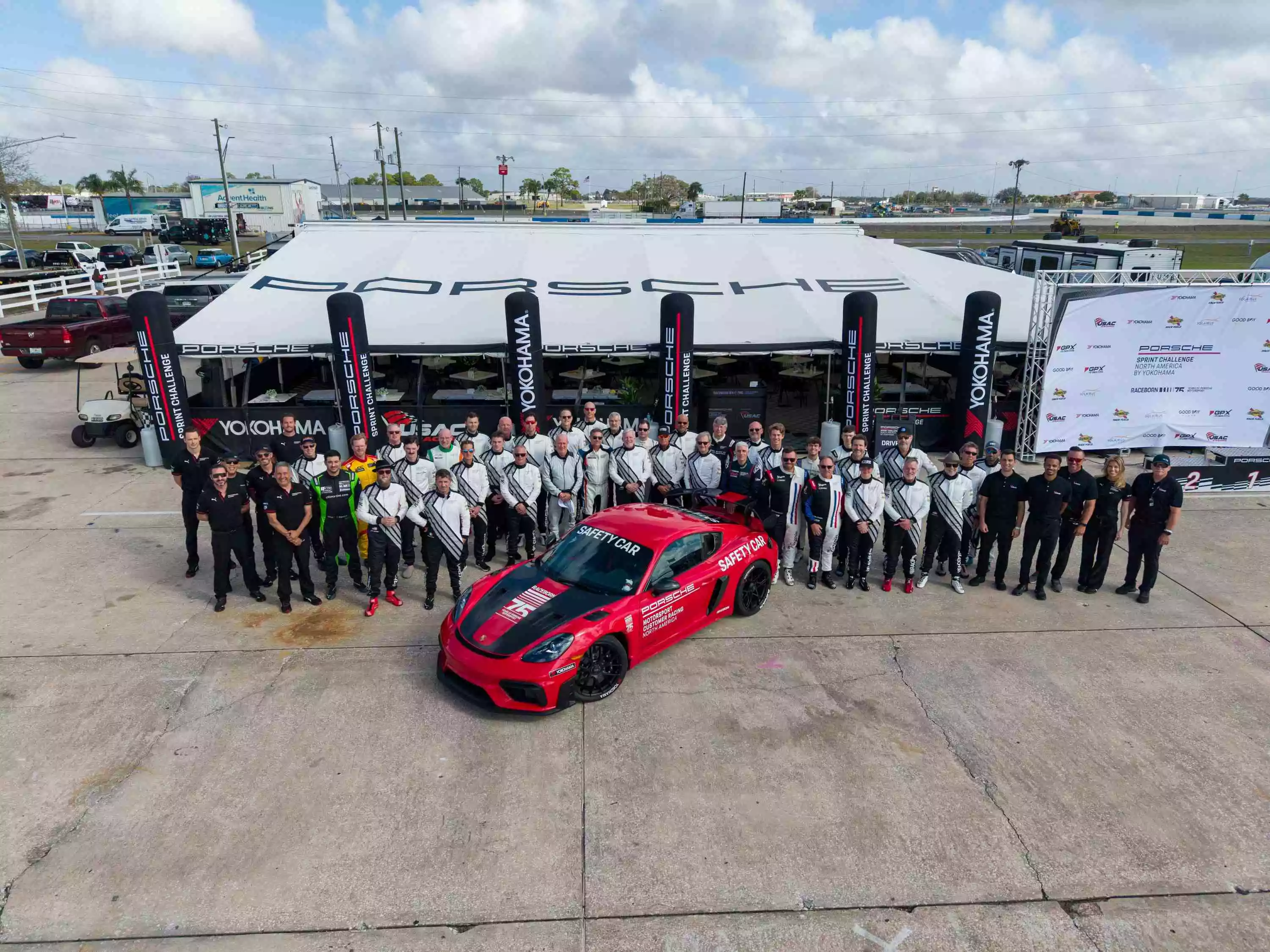 Aerial shot of Porsche racing team event photo